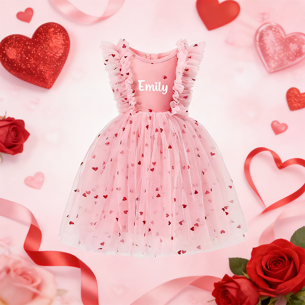 Personalized Girl Valentine's Day Heart Mesh Dress| YESVa08