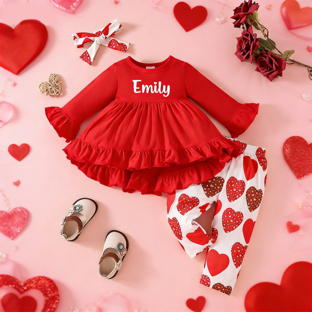 Personalized Girl Red Ruffle Top & Heart Pants Baby Set| YESVa14