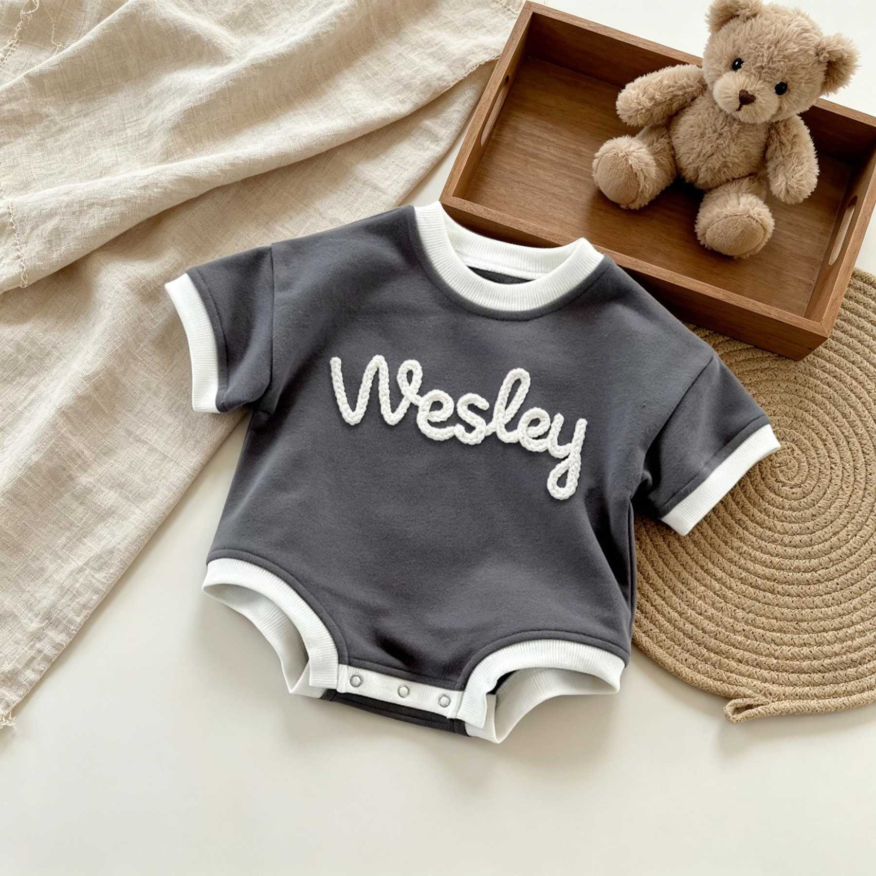 Personalized Hand Embroidered Short Sleeve Baby Bubble Romper | BBcloth142