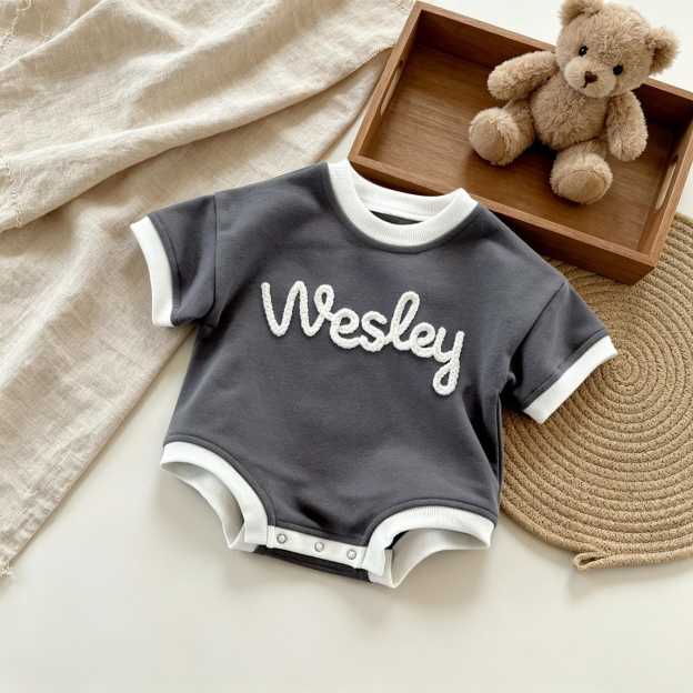 Personalized Hand Embroidered Short Sleeve Baby Bubble Romper | BBcloth142
