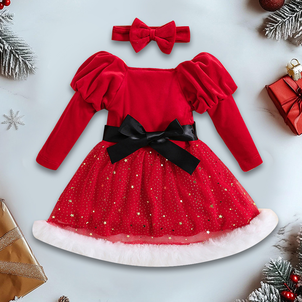 Personalized Christmas Girl Bow With Puff Sleeve Star Mesh Dress|YESMC08