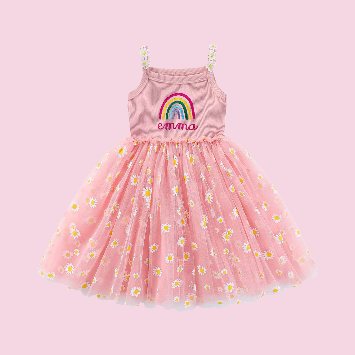 Personalized Girl Embroidered Rainbow Daisy Tutu Dress| Dress14