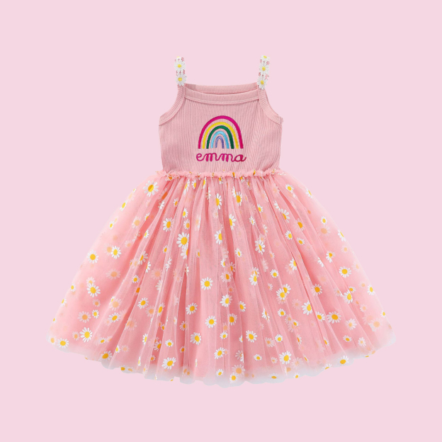 Personalized Girl Embroidered Rainbow Daisy Tutu Dress| Dress14