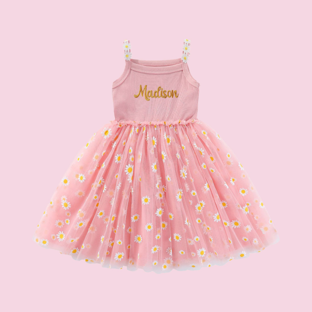 Personalized Girl Embroidered Daisy Tutu Dress| Dress12