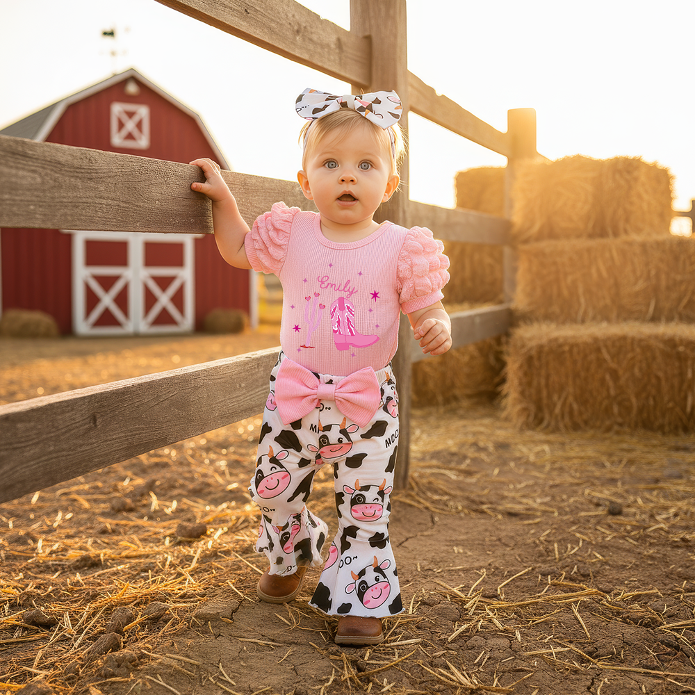 Personalized Baby Girl Cow Print Outfit Set| BBcloth119