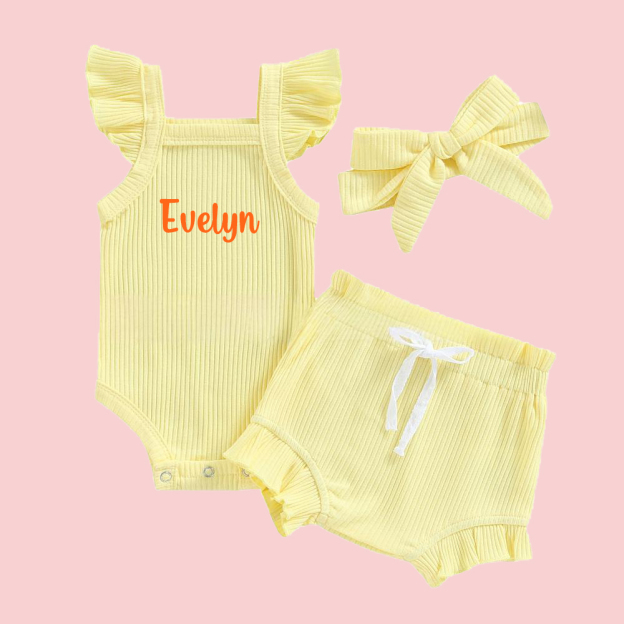 Personalized  3PCS Baby Girl Causal Ribbed Bodysuit Set| BBCloth91