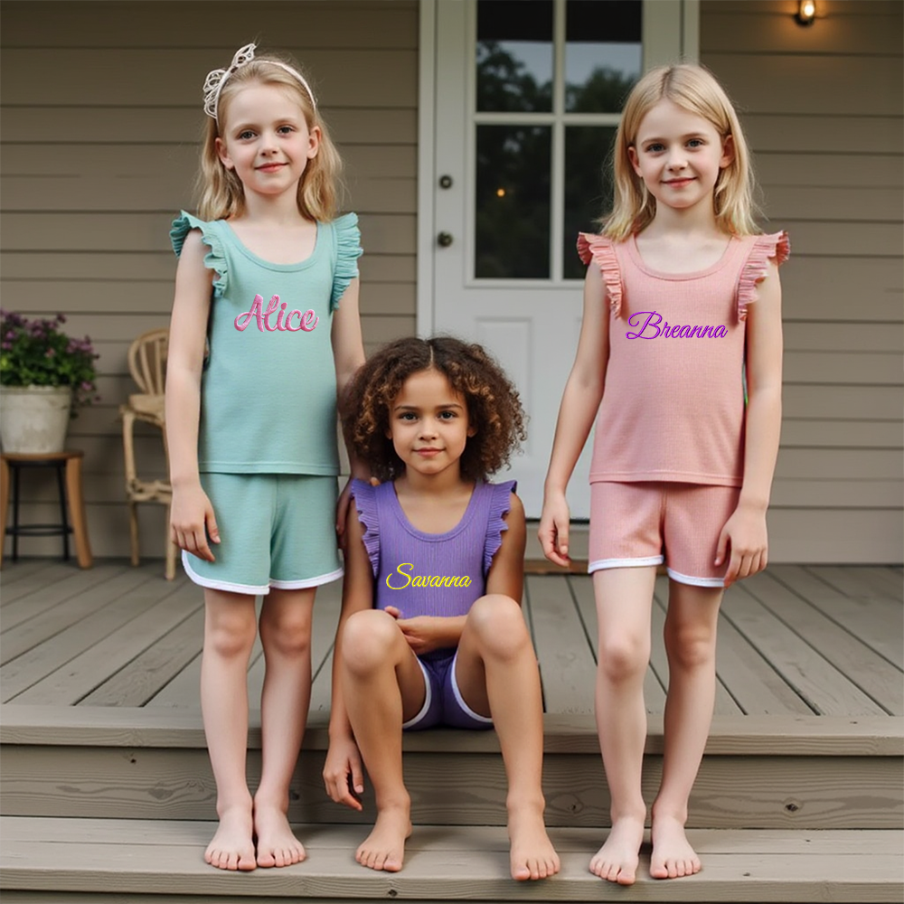 ]Personalized Girl Summer Ruffle T-Shirt and Shorts Set| Cloth233