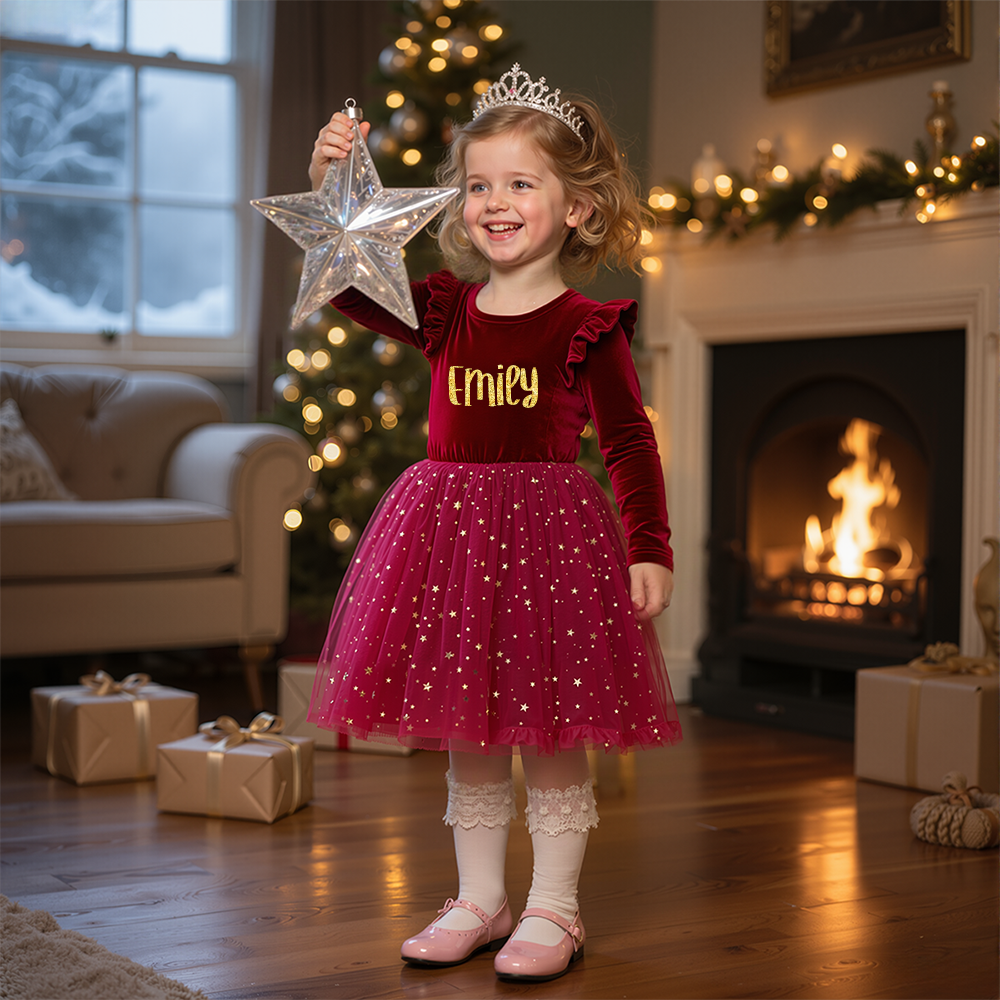Personalized Girl Christmas Star Sequin Tulle Dress|YESMC05