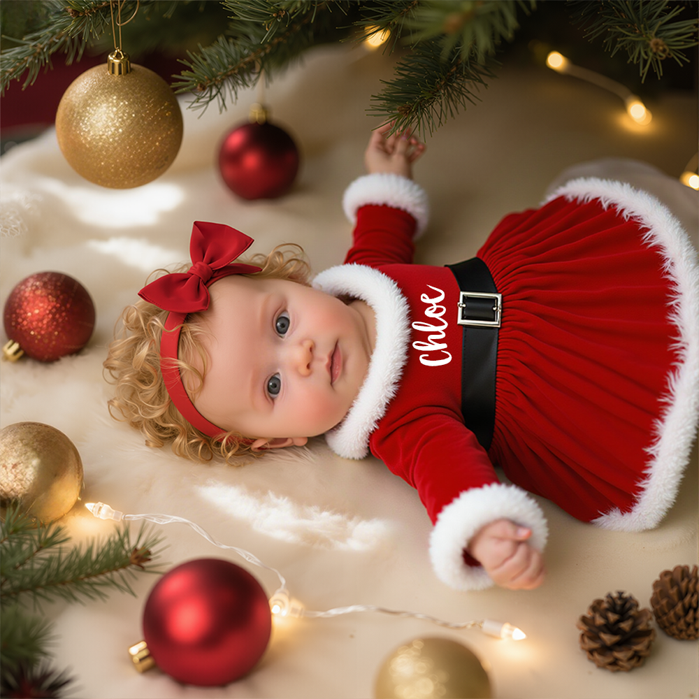 Personalized Girl Christmas  Baby Velvet Dress With Headband|YESMC11