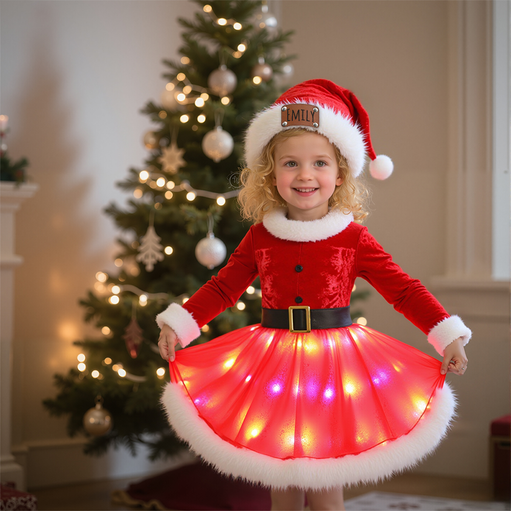 Personalized Leather Patch Christmas Led Dress with Hat| YESMC16