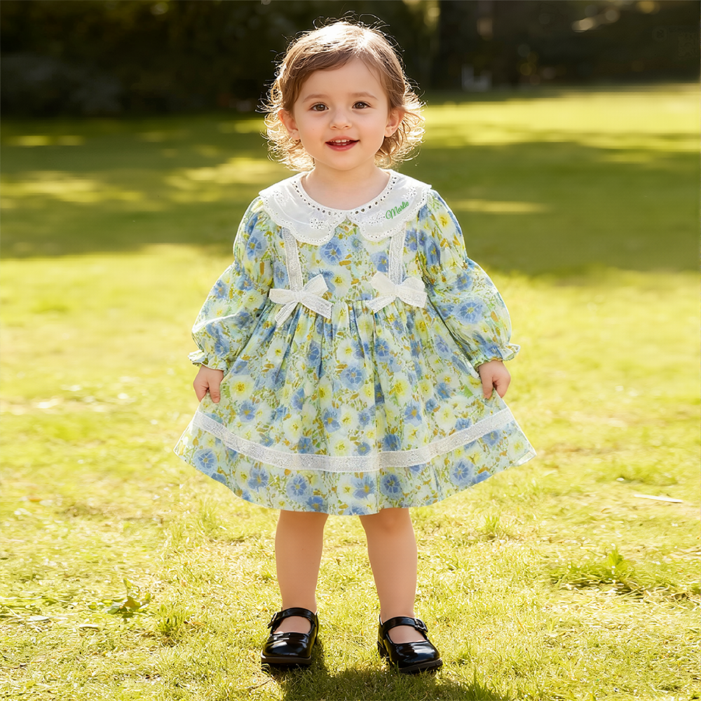 Personalized Girl Long Sleeve Floral Dress| Dress35