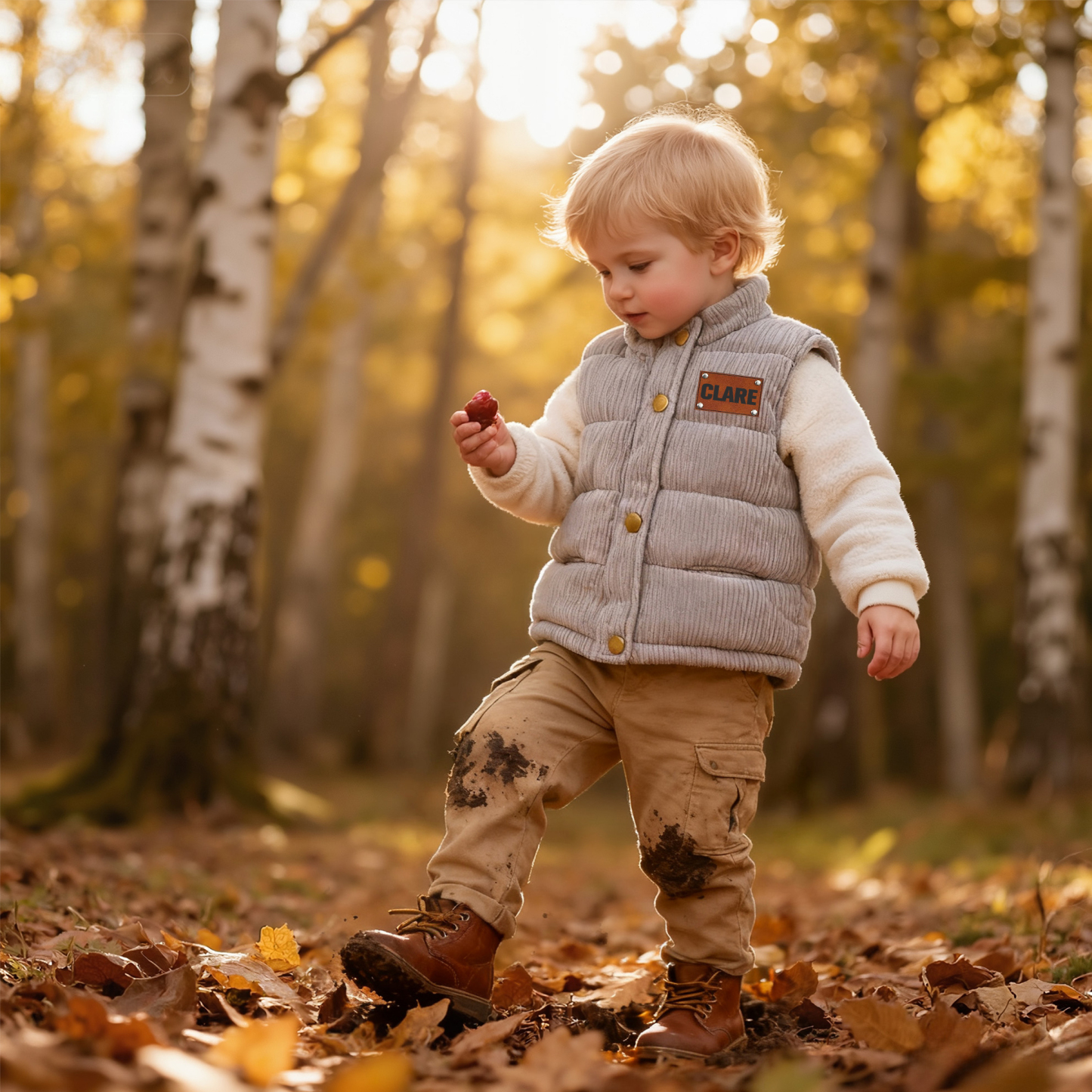 Personalized Kid Leather Patch Corduroy Vest| Cloth253