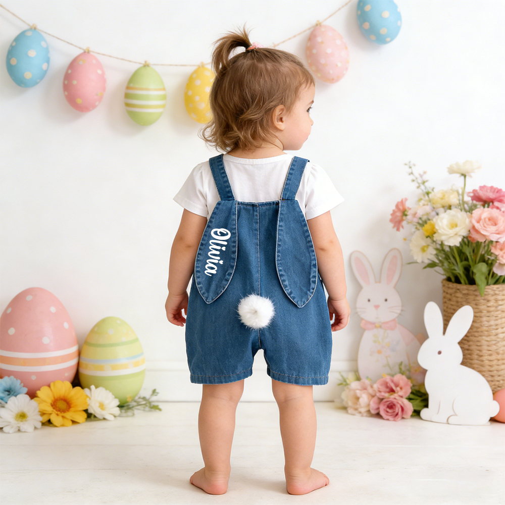Personalized Kids Bunny Ear Denim Overalls| Pants34