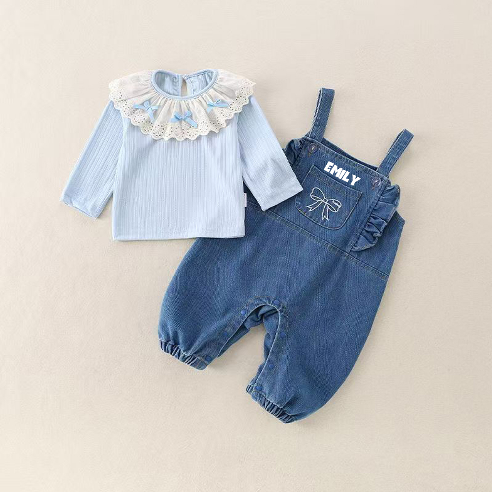 Personalized Baby Girl Lace Collar Top & Denim Overalls Set| Pants36