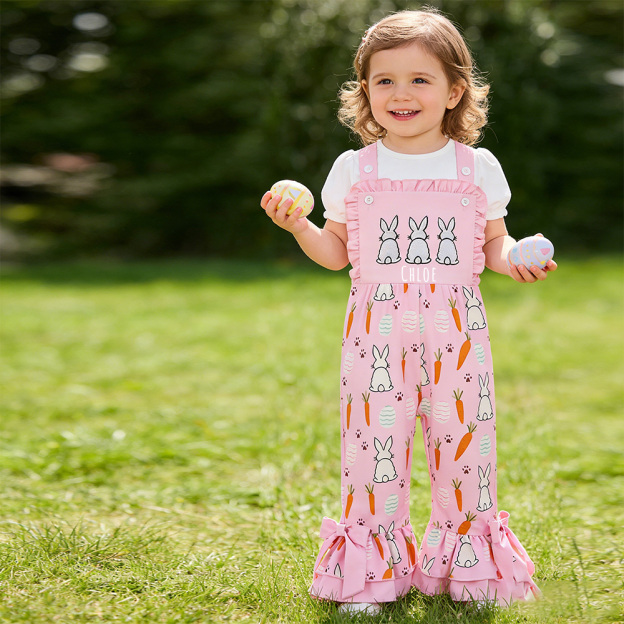 Personalized Girl Easter Bunny Pink Overalls| Pants39