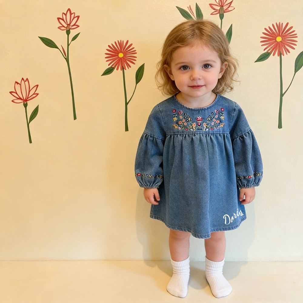 Personalized Girl Embroidered Denim Floral  Dress| Dress68