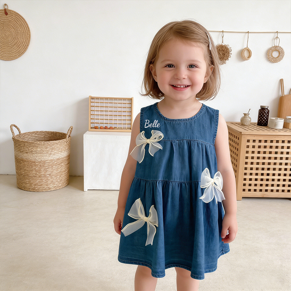 Personalized Girl Summer Bow Sleeveless Denim Dress| Dress71