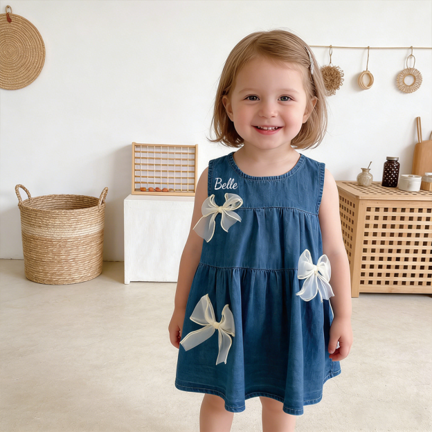 Personalized Girl Summer Bow Sleeveless Denim Dress| Dress71