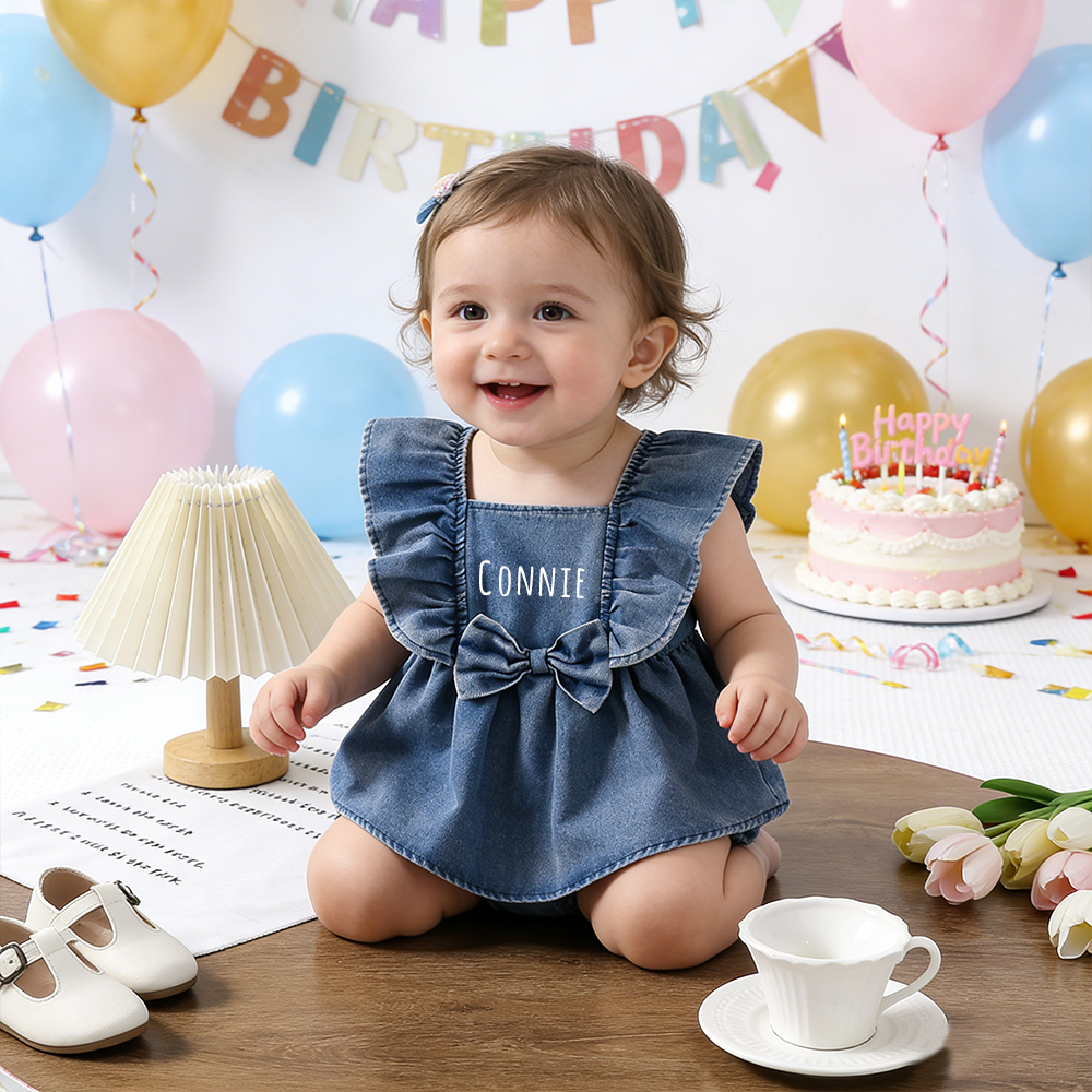 Personalized Girl Ruffle Shoulder Denim Dress| Dress73