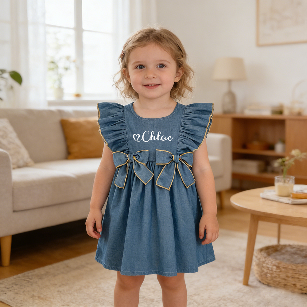 Personalized Girl Ruffle Shoulder Denim Dress| Dress74