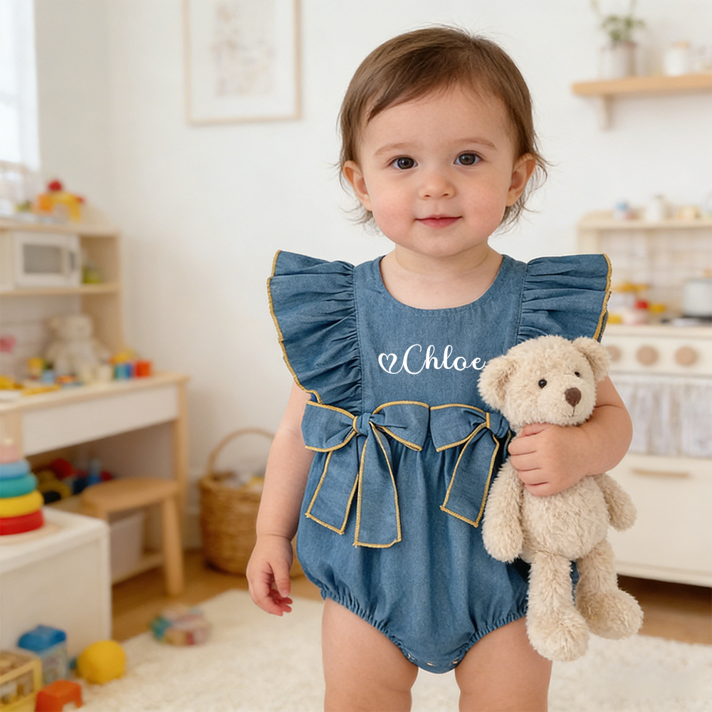 Personalized Baby Girl Ruffle Shoulder Denim Romper| BBcloth123