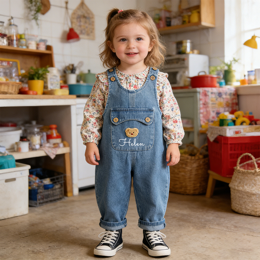 Personalized Kids Bear Patch Denim Overalls Set| Pants46