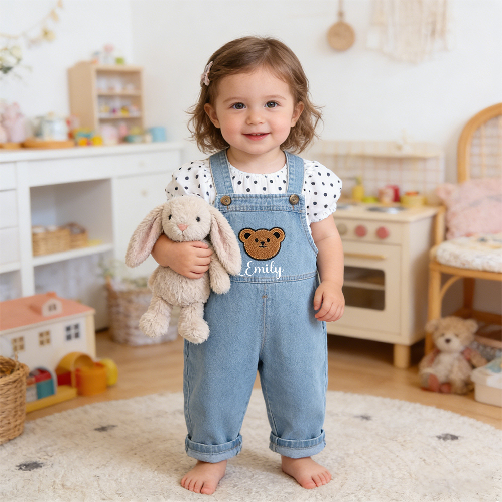 Personalized Kids Bear Patch Denim Overalls| Pants47