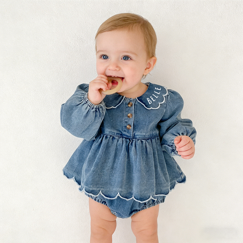 Personalized Baby Girl Ruffled Denim Bubble Romper| BBcloth130