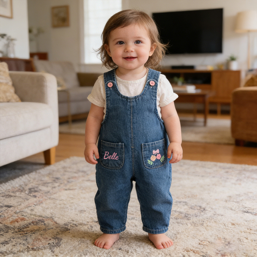 Personalized Girl Embroidered Flower Denim Overalls| Pants51