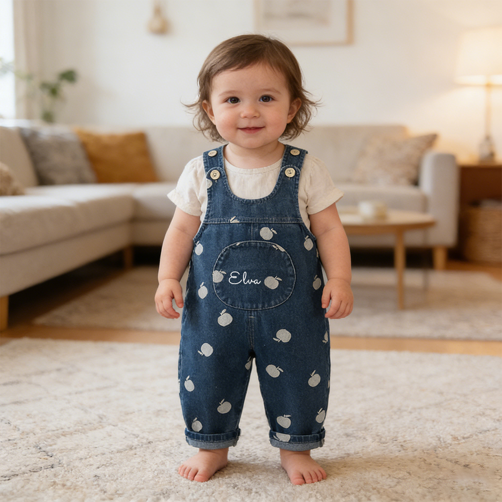 Personalized Kids Print Apple Denim Overalls| Pants52