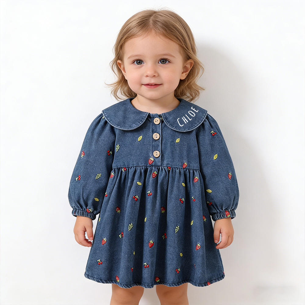 Personalized Girl Fruit Embroidered Denim Dress| Dress82