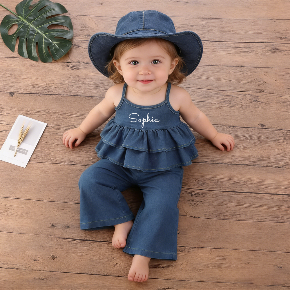 Personalized Girl Sleeveless Ruffle Denim Two-Piece Outfit| Cloth270