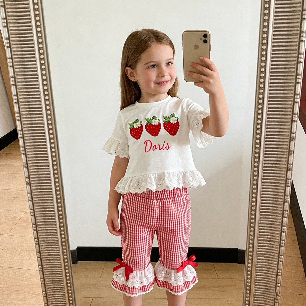 Personalized Girl Strawberry Embroidered Gingham Ruffle Set| Cloth272