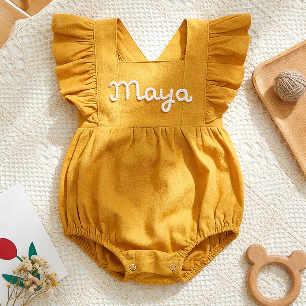 Personalized Baby Gril Embroidered Linen Romper| BBcloth131