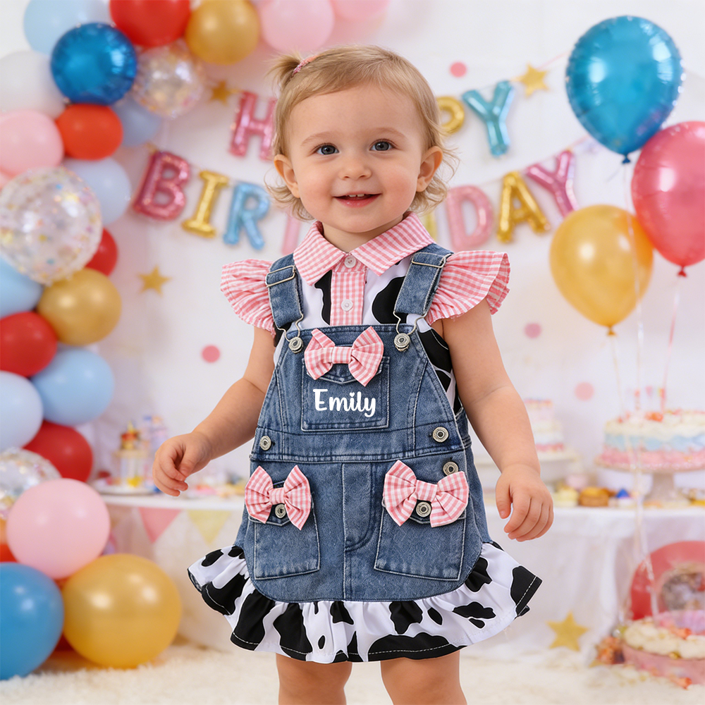Personalized Baby Girl Cow Print Denim Overall Dress Set| BBcloth132