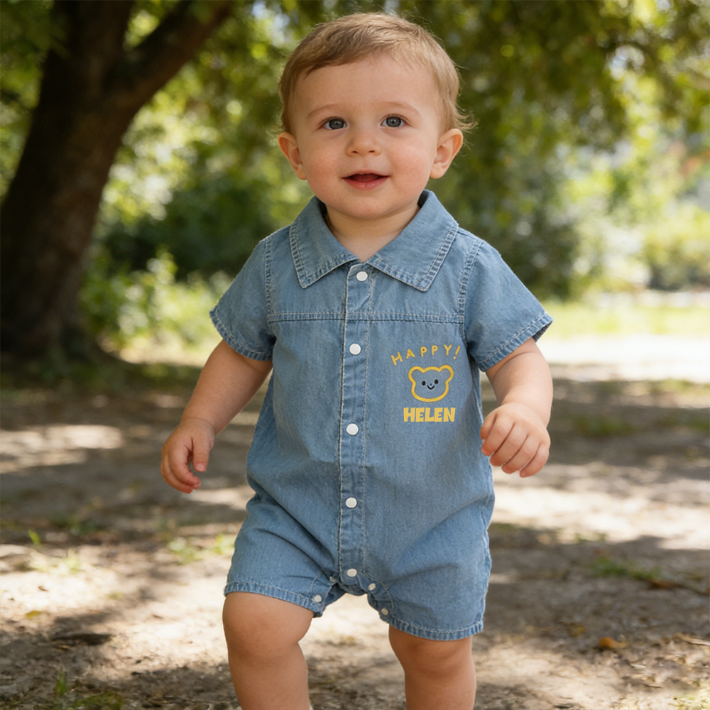 Personalized Baby Bear Print Denim Romper| BBcloth133