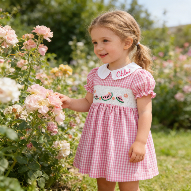 Personalized Girl  Watermelon Embroidered Pink Dress| Dress84