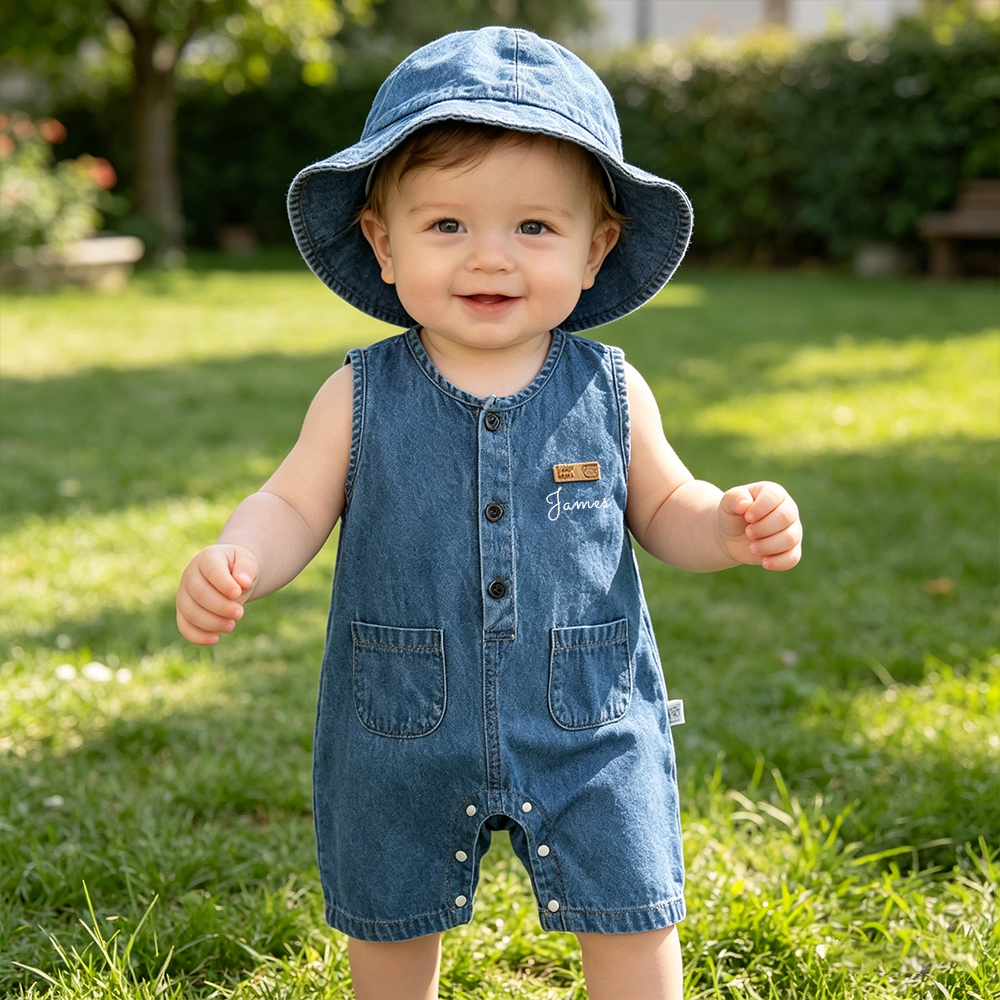 Personalized Baby Denim Jumpsuit & Sun Hat Set| Pants56