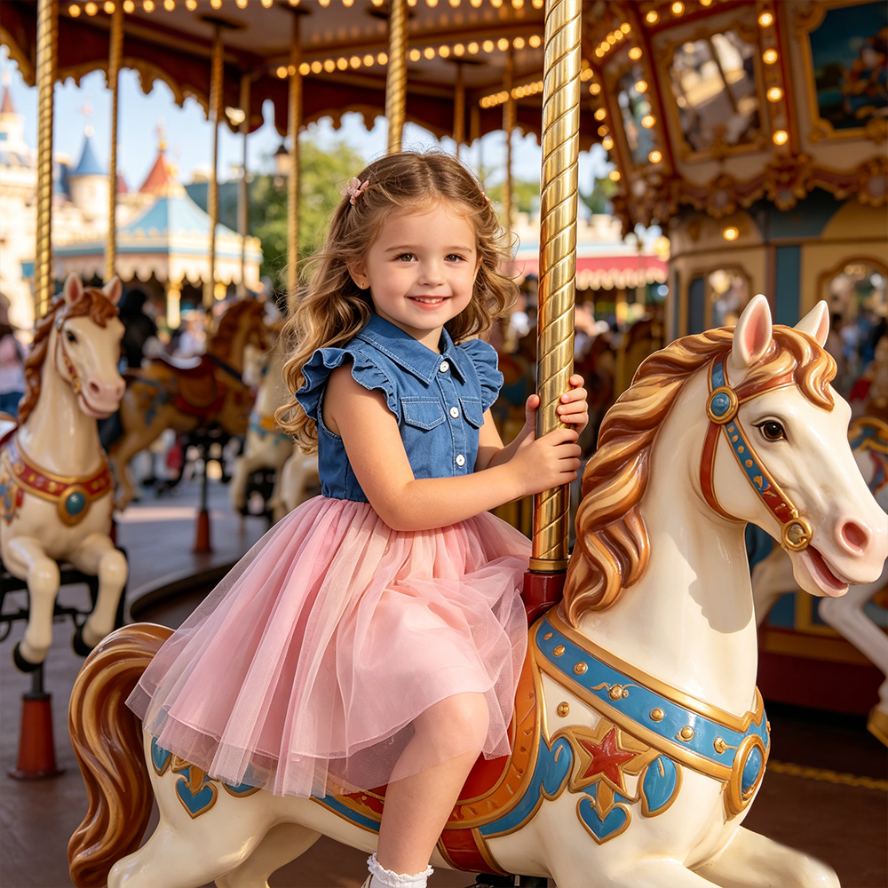 Personalized Girl Ruffle Sleeve Denim and Tulle Dress| Dress90