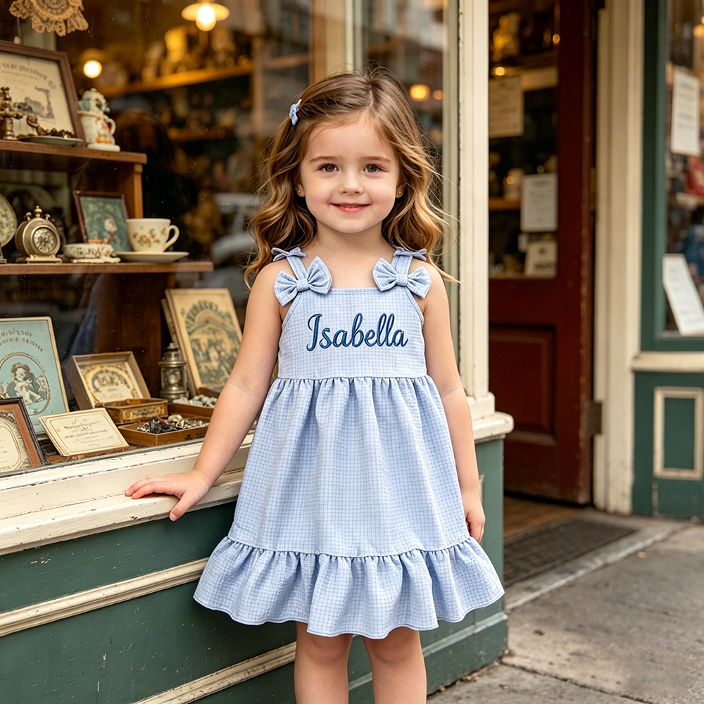 Personalized Girl Embroidered Name Bow Strap Dress| Dress99