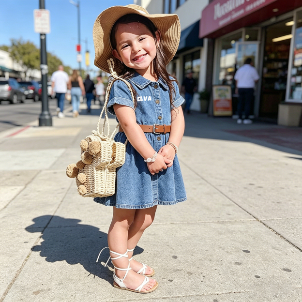 Personalized Girl Vintage Wash Denim Shirtdress with Brown Belt| Dress98