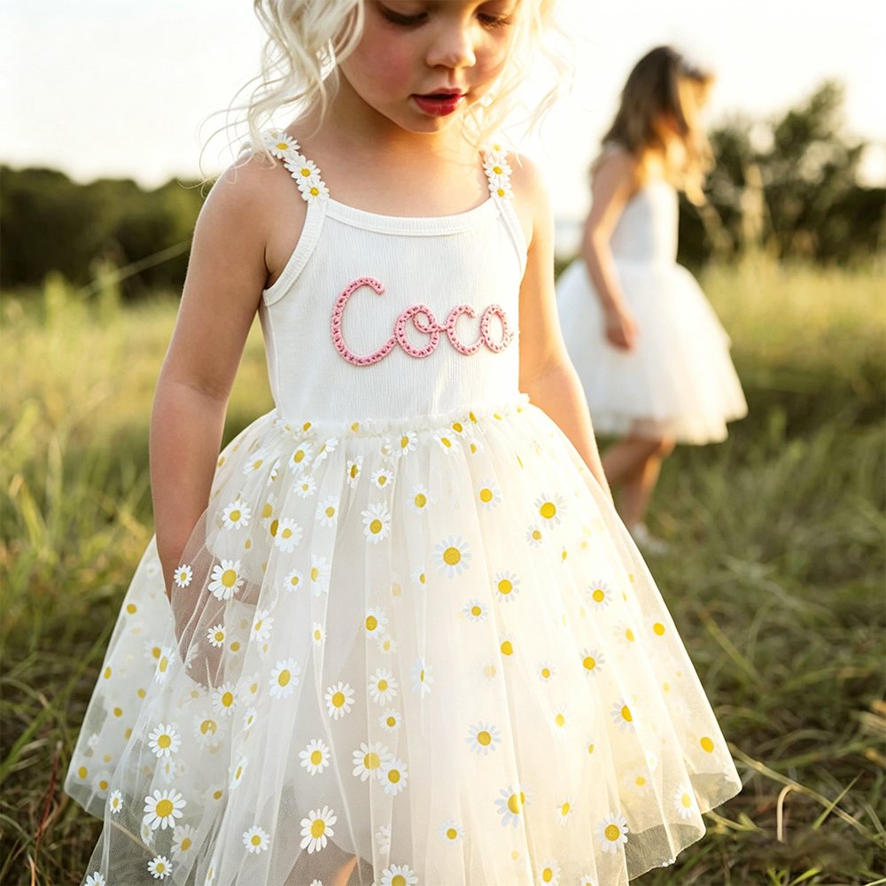 Personalized Girl Hand Knitted Rainbow Daisy Tutu Dress| Dress100