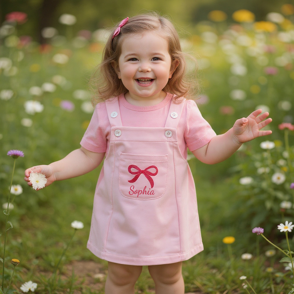 Personalized Girl Pink Bow Pinafore Dress Set| Dress107
