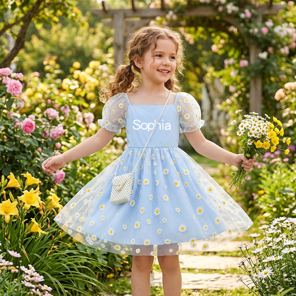 Personalized Girl Puff Sleeve Daisy Dress| Dress109