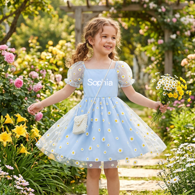 Personalized Girl Puff Sleeve Daisy Dress| Dress109