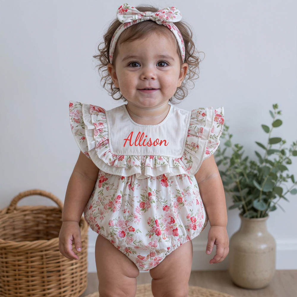 Personalized Girl's Floral Cotton Dress With Headband| Dress113
