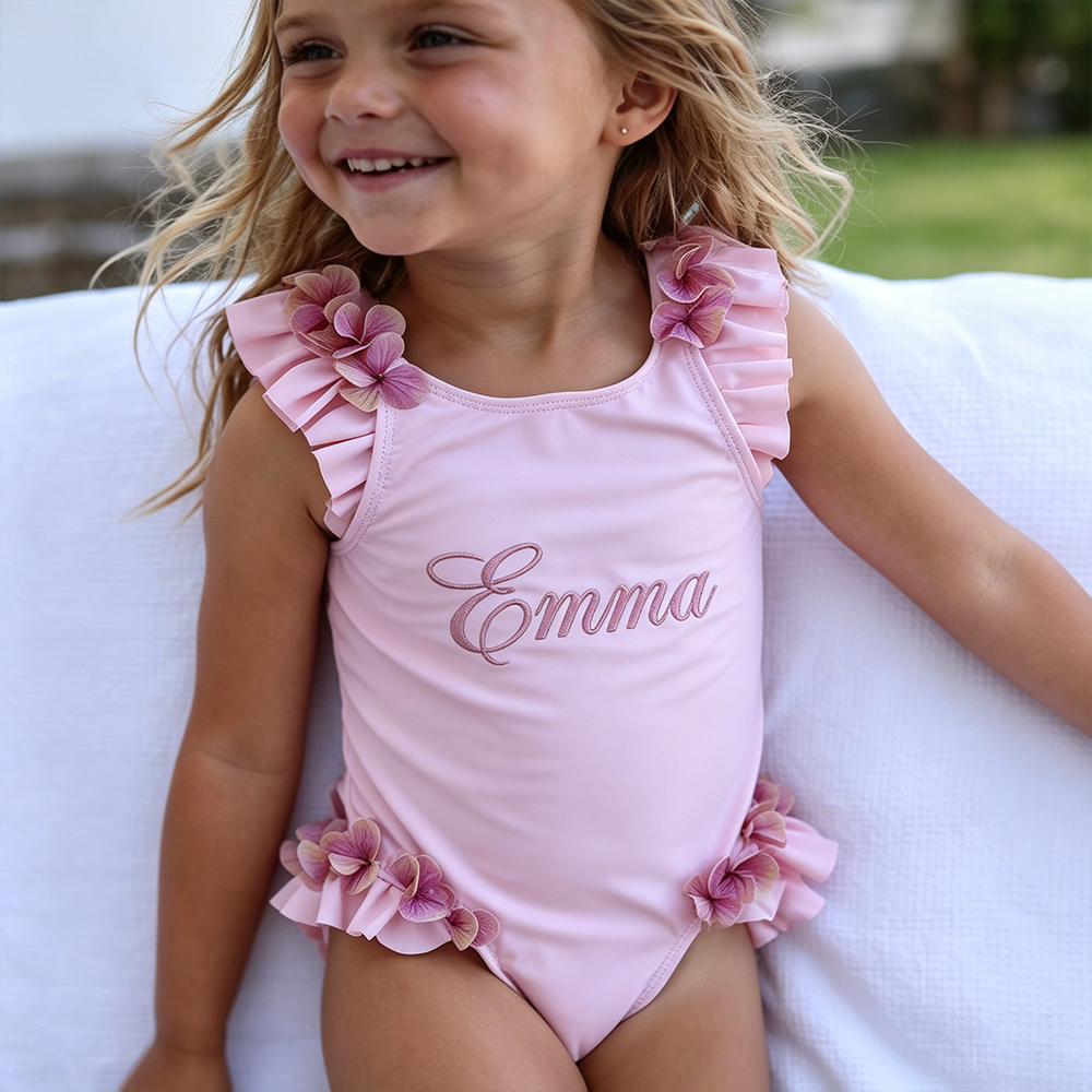 Personalized Girl Embroidered Pink Floral Ruffle One-Piece| Swimsuit08