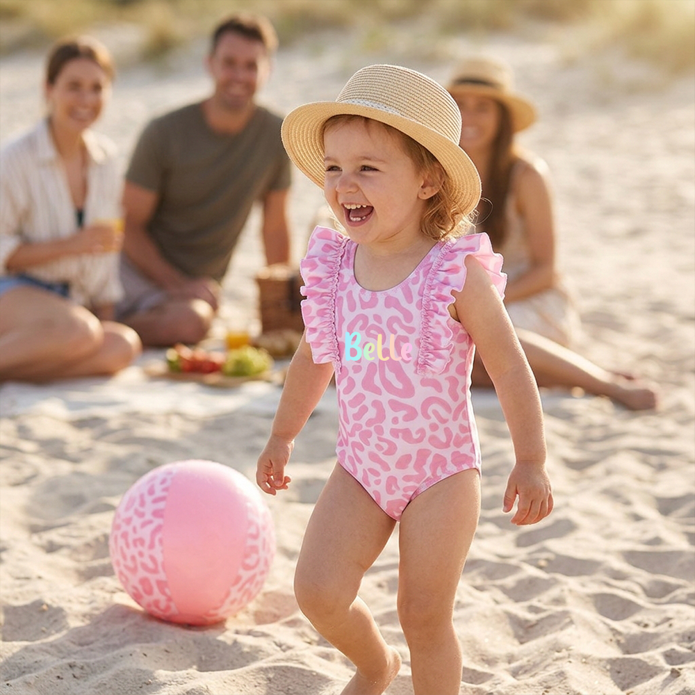 Personalized Girl Pink Leopard Ruffle One-Piece| Swimsuit09