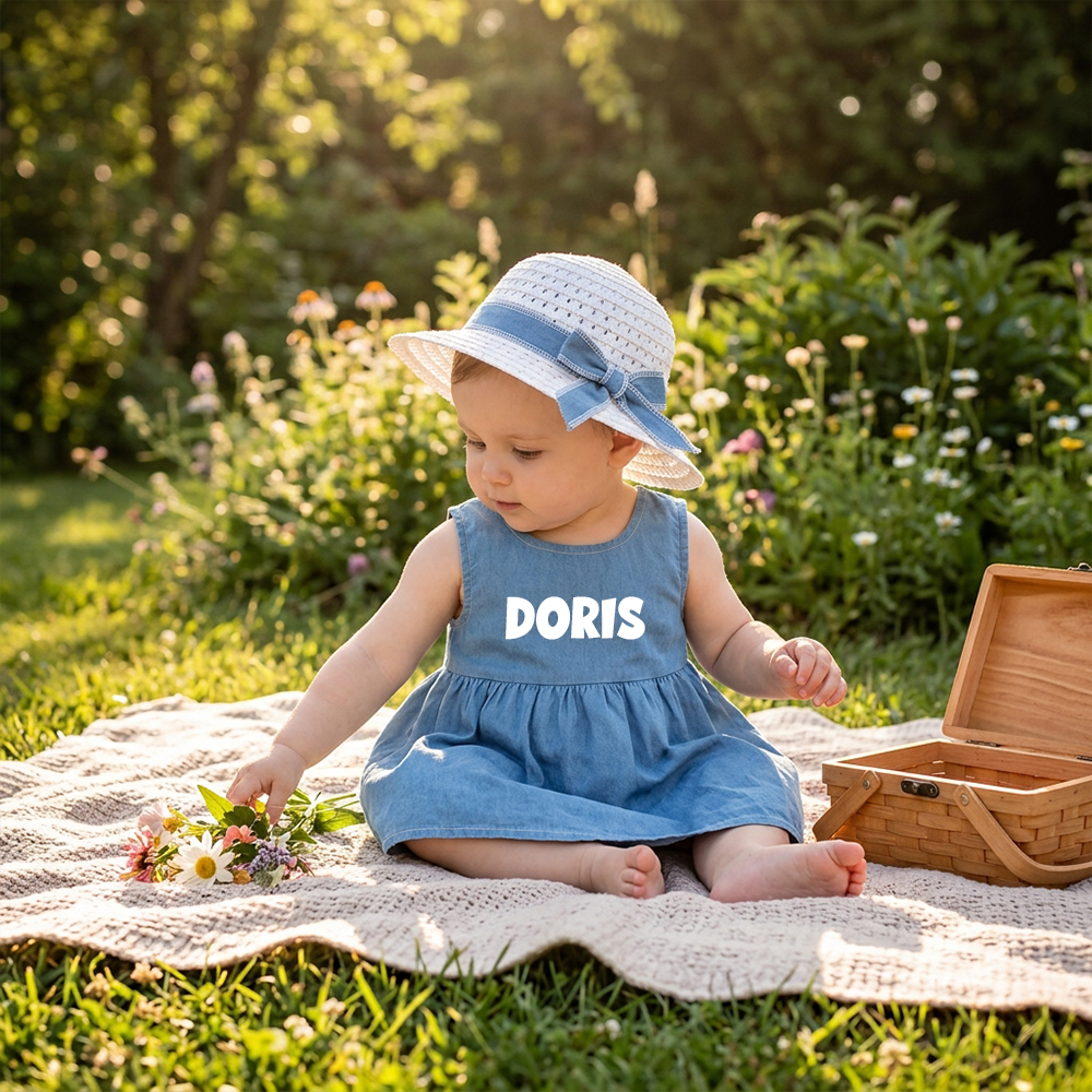 Personalized Girl Denim Dress with Straw Hat| Dress119