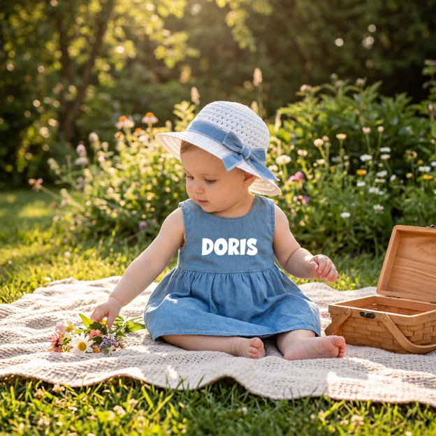 Personalized Girl Denim Dress with Straw Hat| Dress119